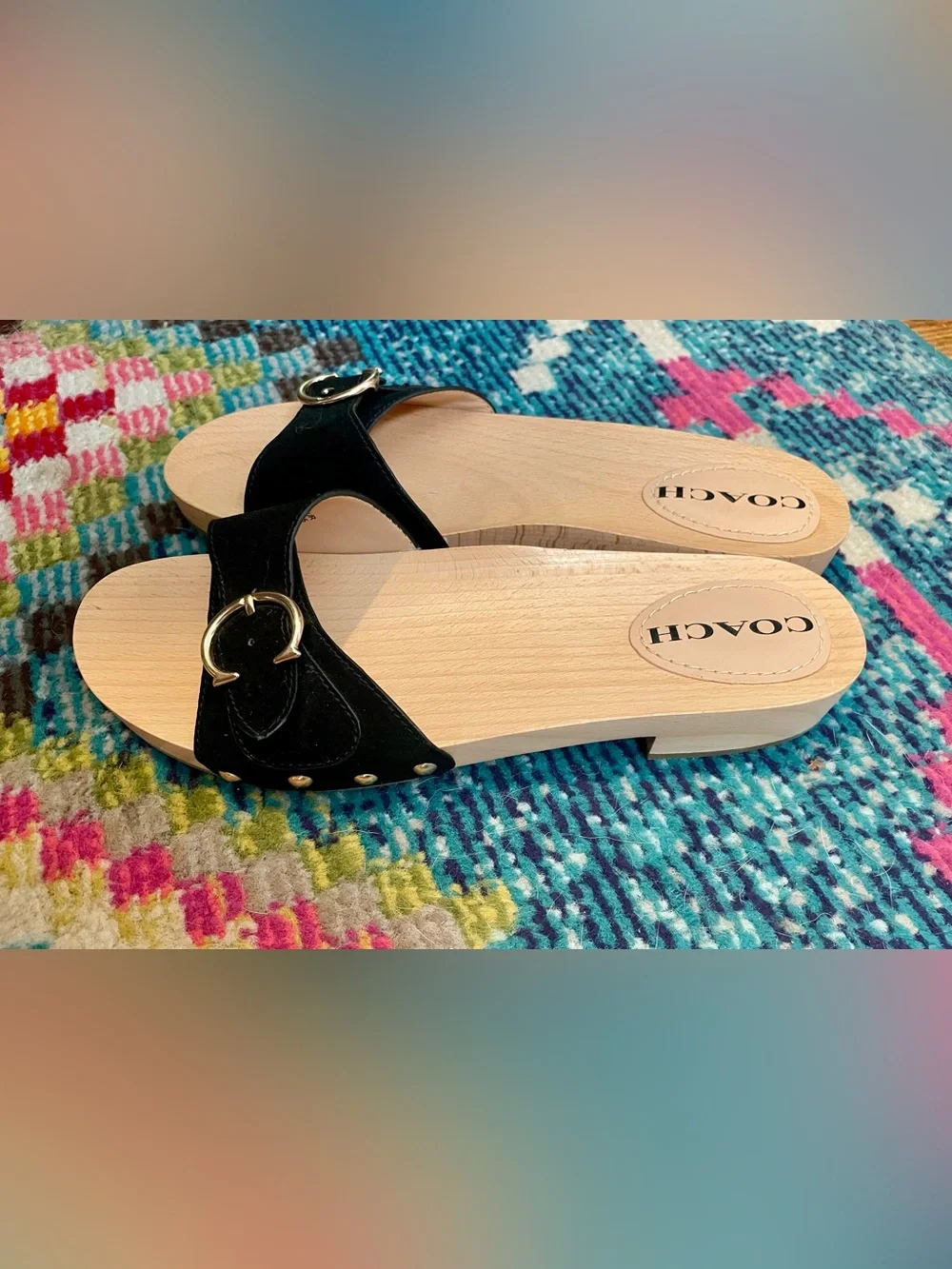 Coach Bleeker Wooden Black Suede Slide Sandals Women’s 9